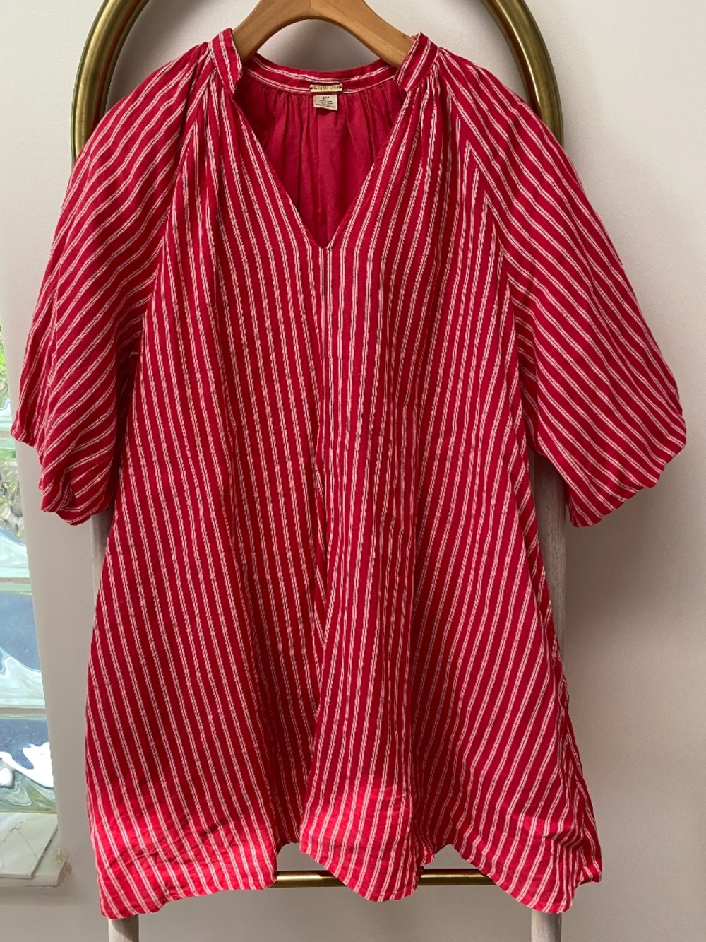 Magaschoni 100% Linen Cherry Red Pinstripe Resort Tunic Beach Dress Size S/P